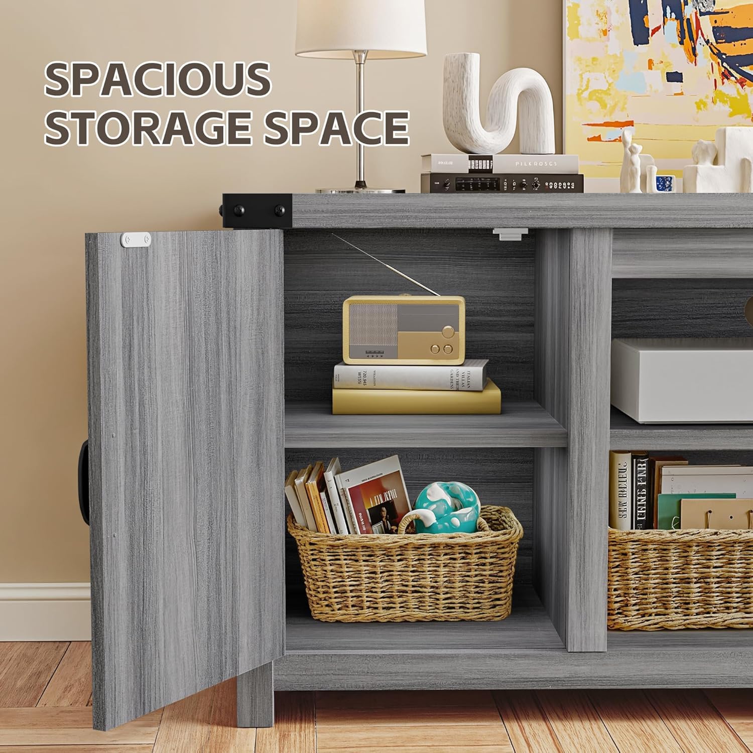 YESHOMY Modern Farmhouse TV Stand with Barn Door for 65 Inch TV, Gray Wash