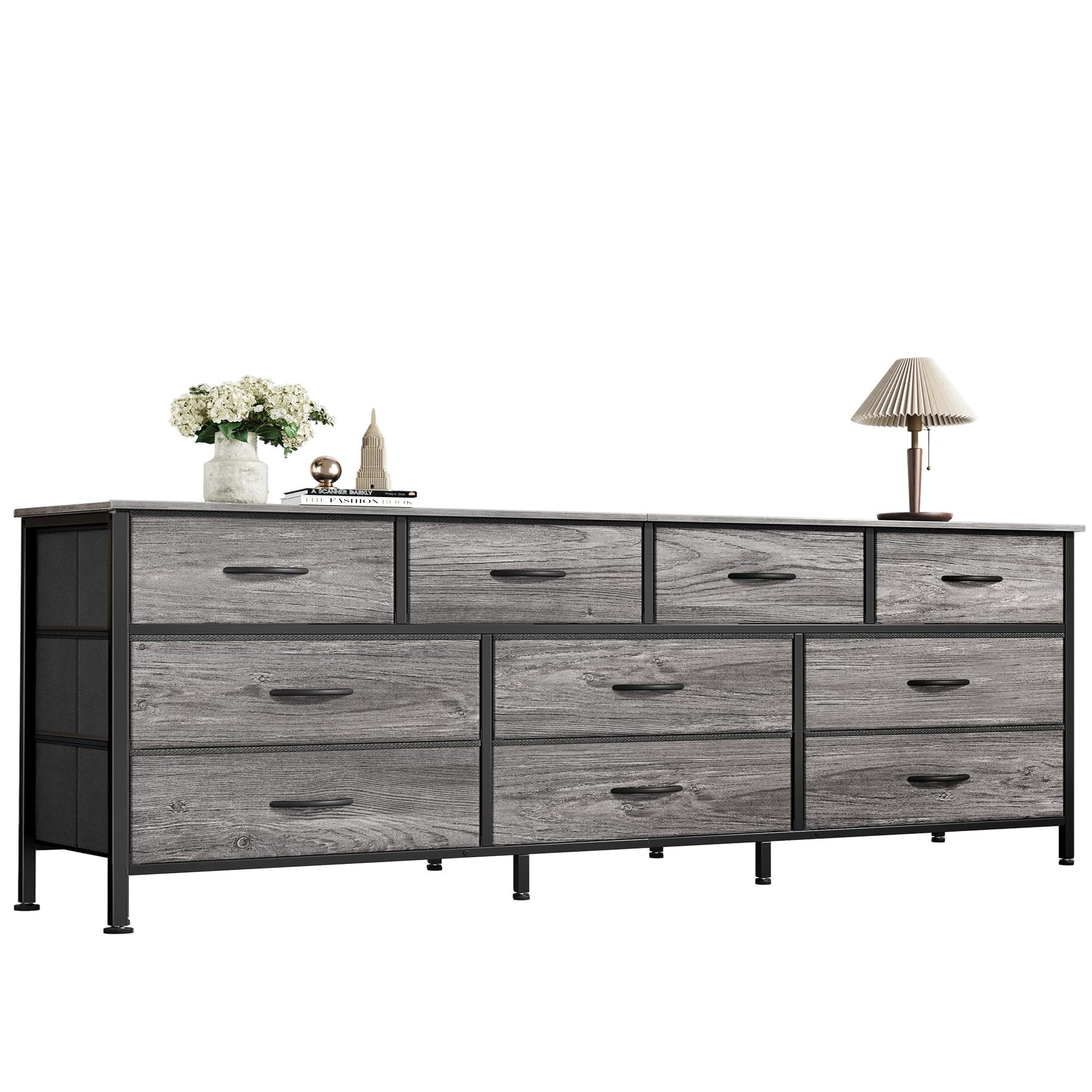 Huuger 63 Inch Dresser for Bedroom, Long Dresser with 10 Fabric Drawers, TV Stand for 55, 65, 70 Inch TV, Toy Storage Organizer for Closet, Rustic Brown