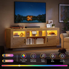 TEENFON 67" TV Stand for 75 inch TV, Entertainment Center with LED Lights | TV Console, Media Console Table with Open Storage & Side Cabinets, TV Stands for Living Room, Bedroom, Natural Knotty Oak