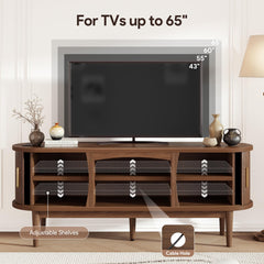 Decofy Mid Century TV Stand for TVs up to 80 Inches, Entertainment Center with Storage, Power Outlet, Fluted Sliding Doors & Adjustable Shelves, Modern Media TV Console Table for Living Room (Walnut)