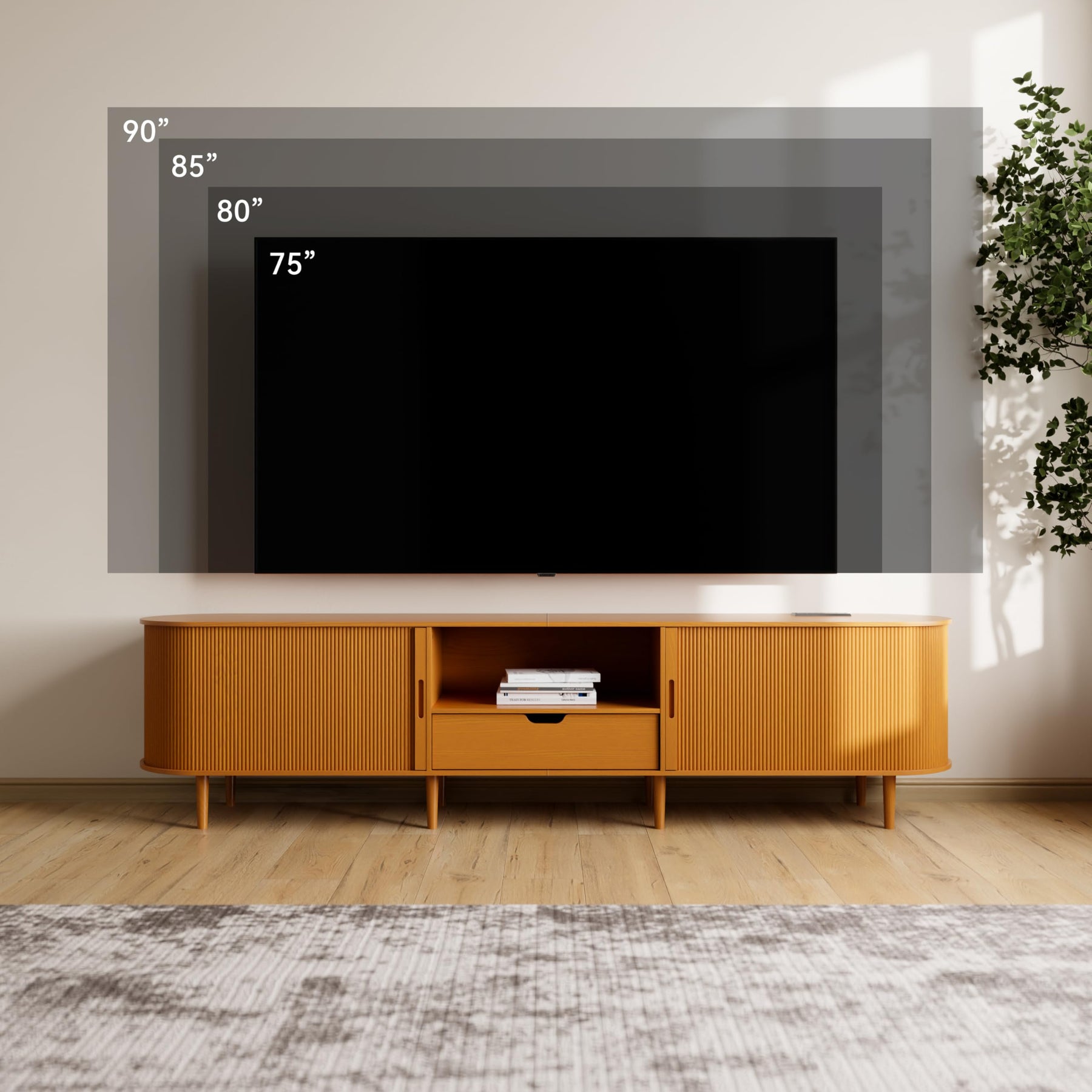 DHH 86.6" Fluted TV Stand with Power Outlet for TVs up to 90", TV Console with Adjustable Shelves and Sliding Door,Mid Century Modern Entertainment Center for Living Room,Bedroom (Walnut)