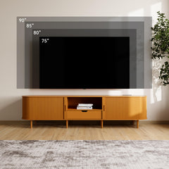 DHH 86.6" Fluted TV Stand with Power Outlet for TVs up to 90", TV Console with Adjustable Shelves and Sliding Door,Mid Century Modern Entertainment Center for Living Room,Bedroom (Walnut)
