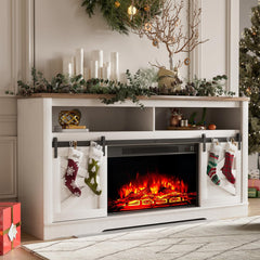 YESHOMY 58" Farmhouse TV Stand for TVs up to 65", Sliding Barn Doors, White