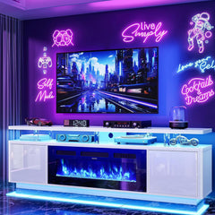 OneBlis 70" Fireplace TV Stand with Double LED Lights for TVs UP to 80", Electric Fireplace Entertainment Center with Storage Cabinets, TV Console for Living Room, Office, Black1