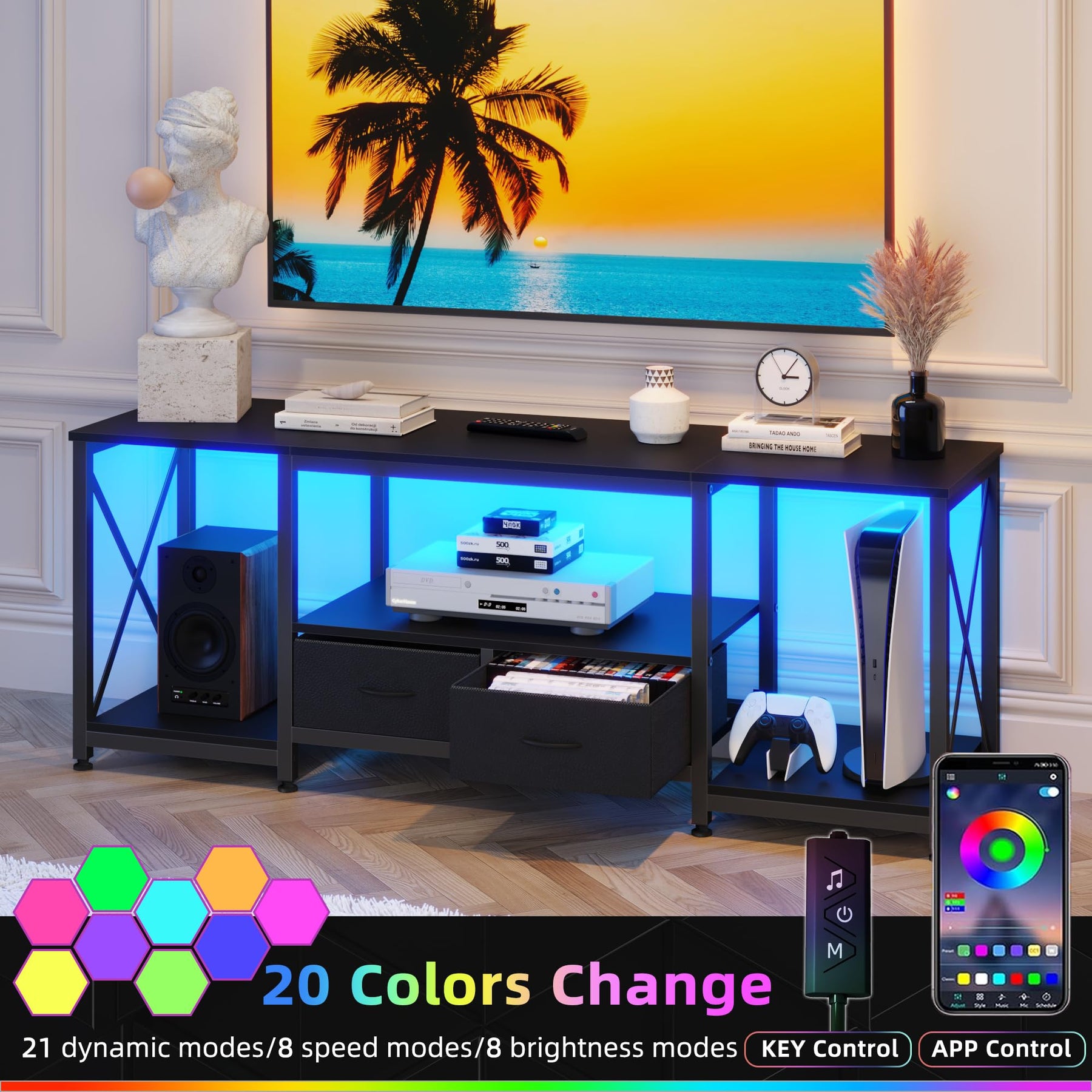 GYIIYUO TV Stand with Fabric Drawer - Entertainment Center and Industrial TV Console Table with Open Storage Shelves for Living Room, Bedroom - 55.1" Rustic Brown