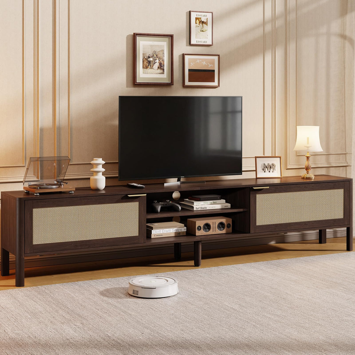 IKALIFE Rattan TV Stand for Living Room Walnut 71"