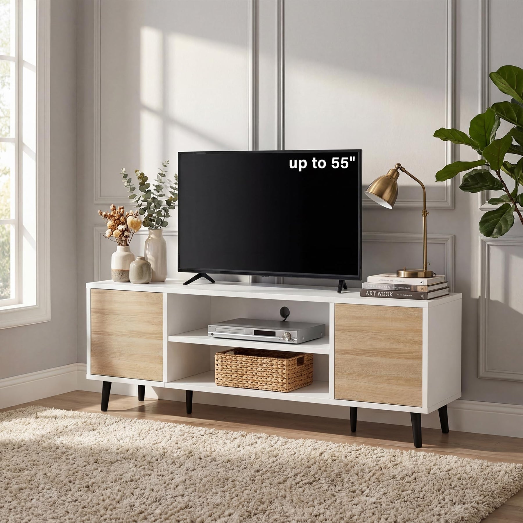 YESHOMY Mid-Century Modern TV Stand, 58 Inch, Light Grey