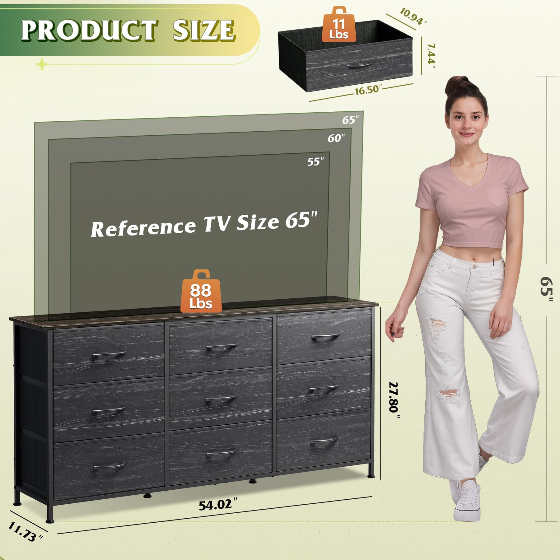 WLIVE Dresser TV Stand for 75 Inch TV, 9 Drawer Dresser for Bedroom, Black