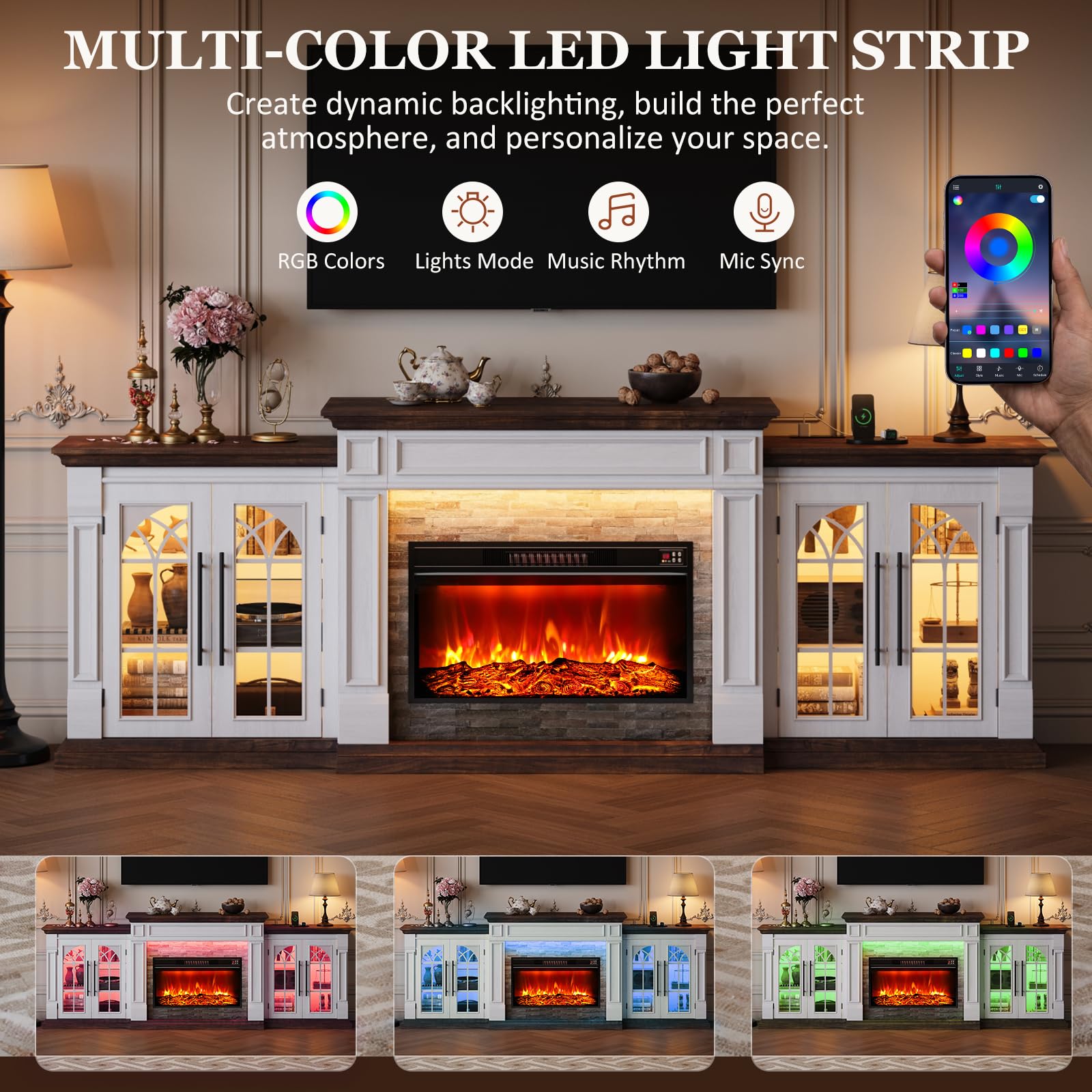 HolliWill 104" Fireplace TV Stand for TVs Up to 100 Inch, LED Electric Fireplace with Mantel and Sideboard Cabinets, Entertainment Center with 4 Glass Doors and Outlet, Modern for Living Room