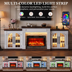 HolliWill 104" Fireplace TV Stand for TVs Up to 100 Inch, LED Electric Fireplace with Mantel and Sideboard Cabinets, Entertainment Center with 4 Glass Doors and Outlet, Modern for Living Room