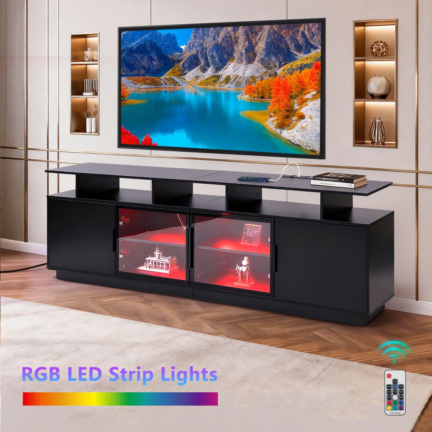 ansefe 70 Inch Black TV Stand for Living Room, LED Entertainment Center for Gaming, Modern TV Cabinet Console, Transparent Glass Door Storage Cabinet