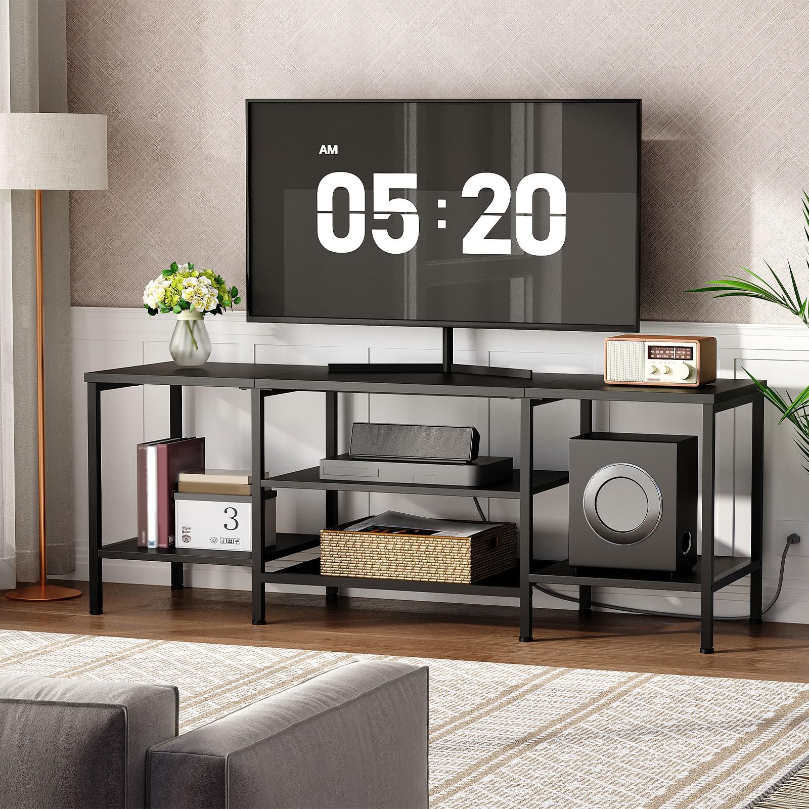 HOOBRO TV Stand with Power Outlets to 75 Inches, TV Console Table with Open Storage Shelves Cabinet, Industrial Media Entertainment Center for Living Room Bedroom, Rustic Brown and Black BF80DS01