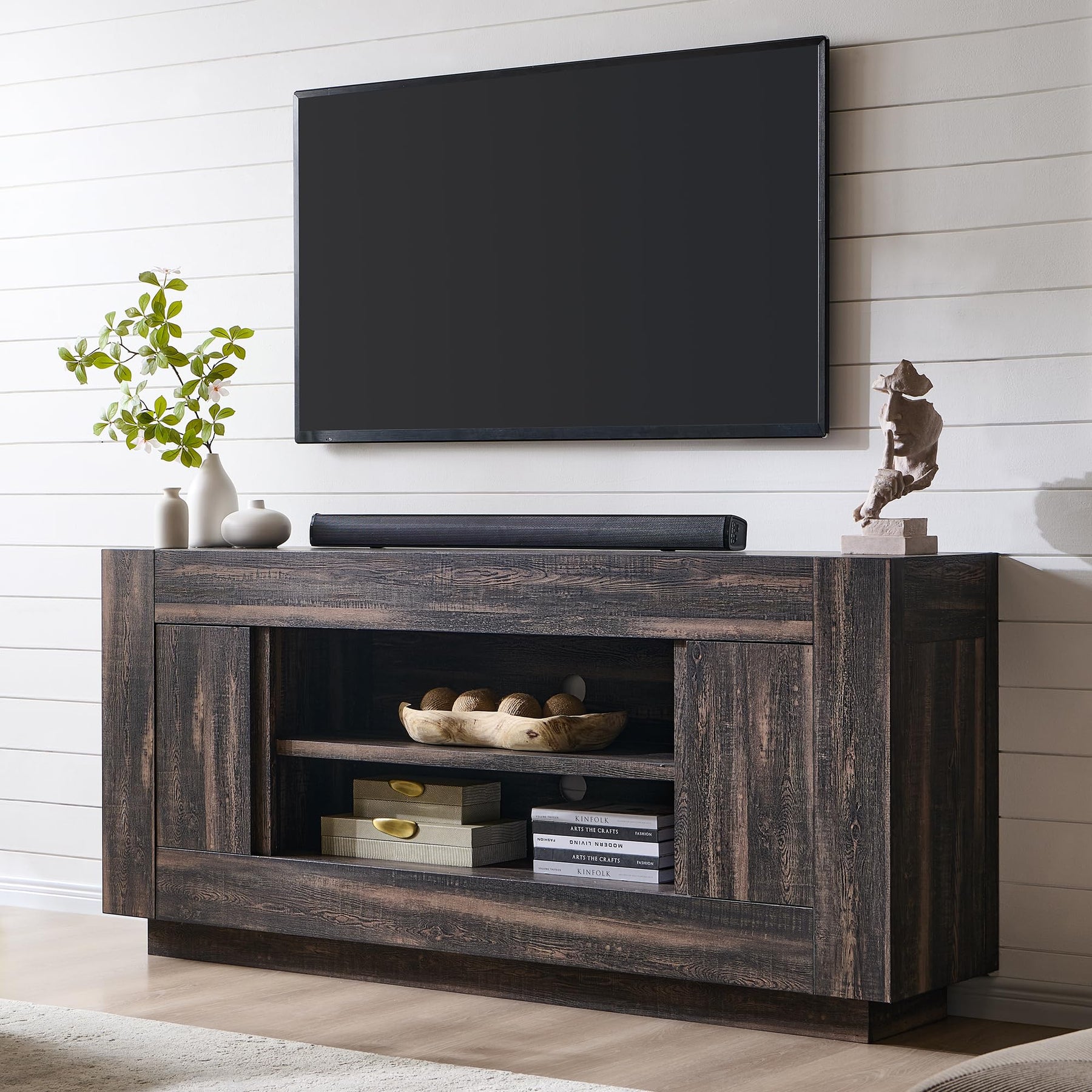 OKD 70" TV Stand for 80" TV, Thick Block Media Console, Antique White