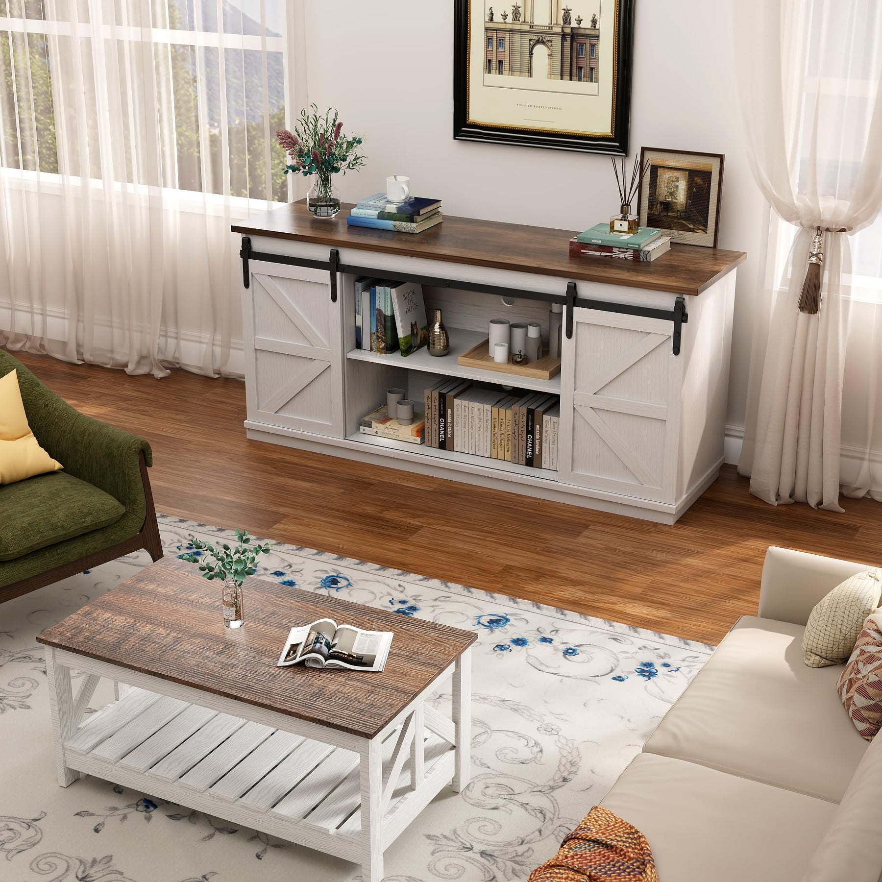 YESHOMY 58" Farmhouse TV Stand for TVs up to 65", Sliding Barn Doors, White