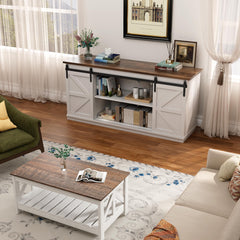YESHOMY 58" Farmhouse TV Stand for TVs up to 65", Sliding Barn Doors, White