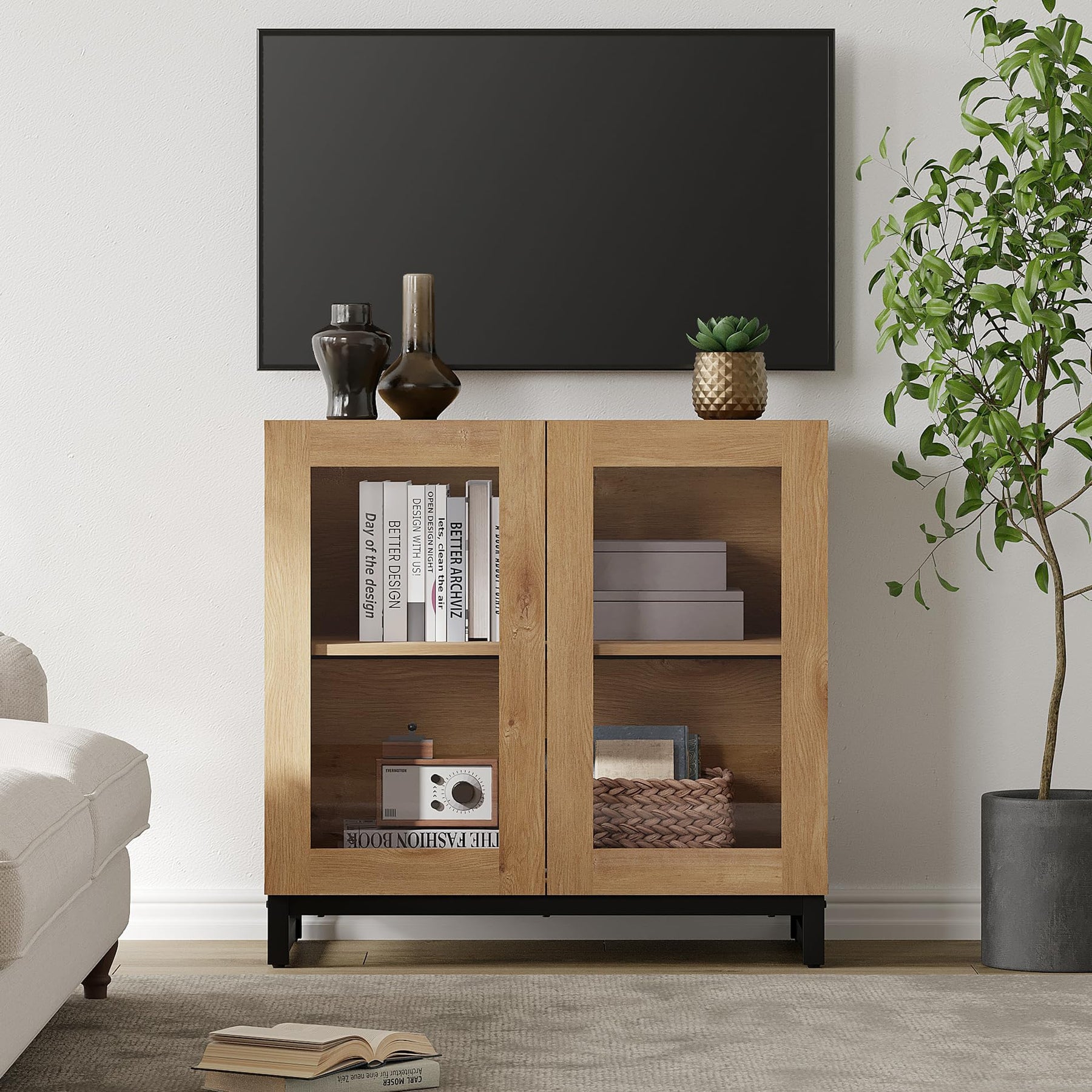 WAMPAT Modern TV Stand with Glass Doors for 80-120 inch TVs, 4 in 1 Entertainment Center Console with 4 Drawers and Metal Base for Living Room, Bedroom, Brown
