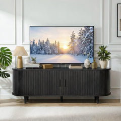 OneBlis 70" Mid Century Modern TV Stand, Wood TV Consoles with Sliding Doors and Power Outlet, Entertainment Center with Adjustable Shelves, Fluted TV Stands for Living Room, Walnut