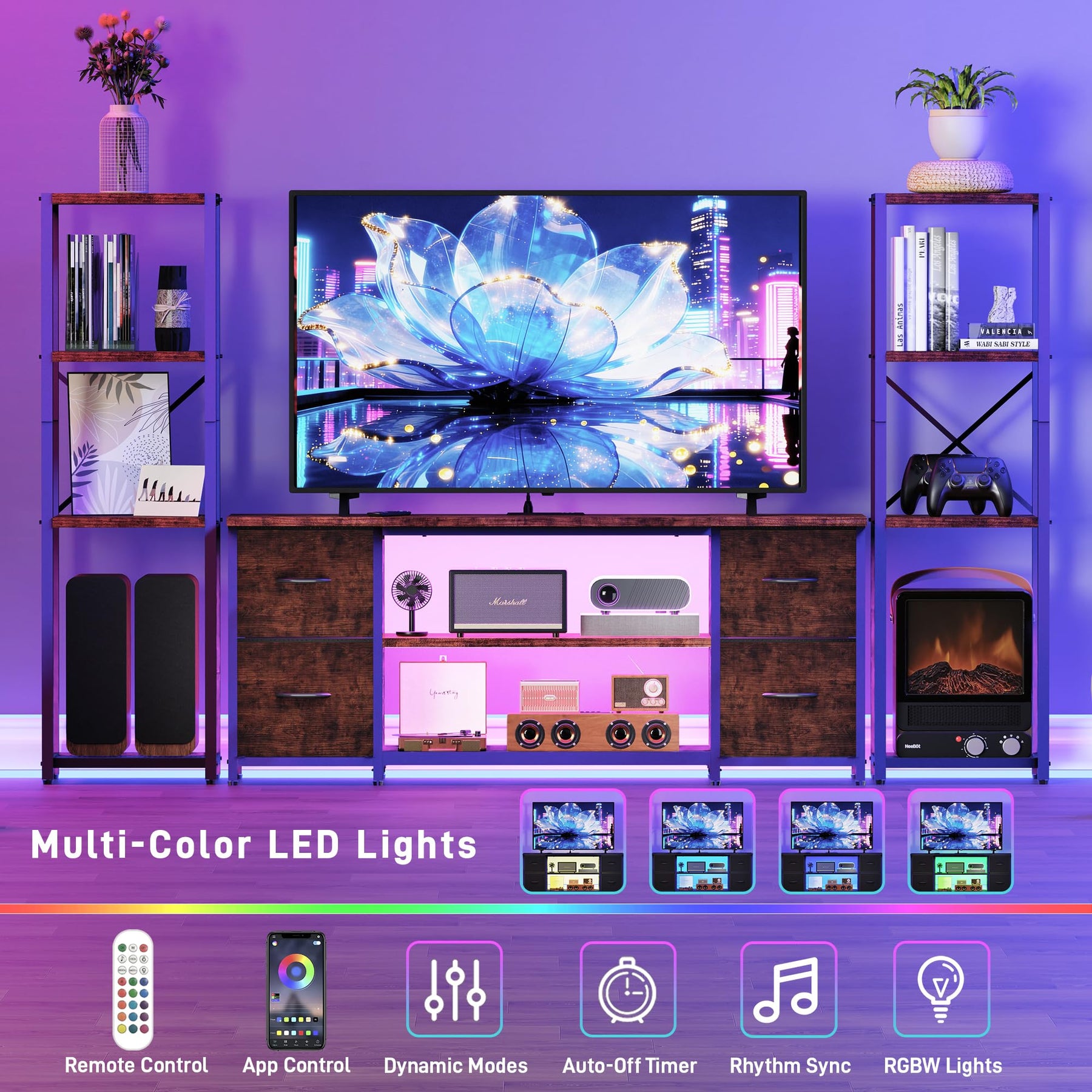LED TV Stand Entertainment Center Bookshelf Combo with Charging Station