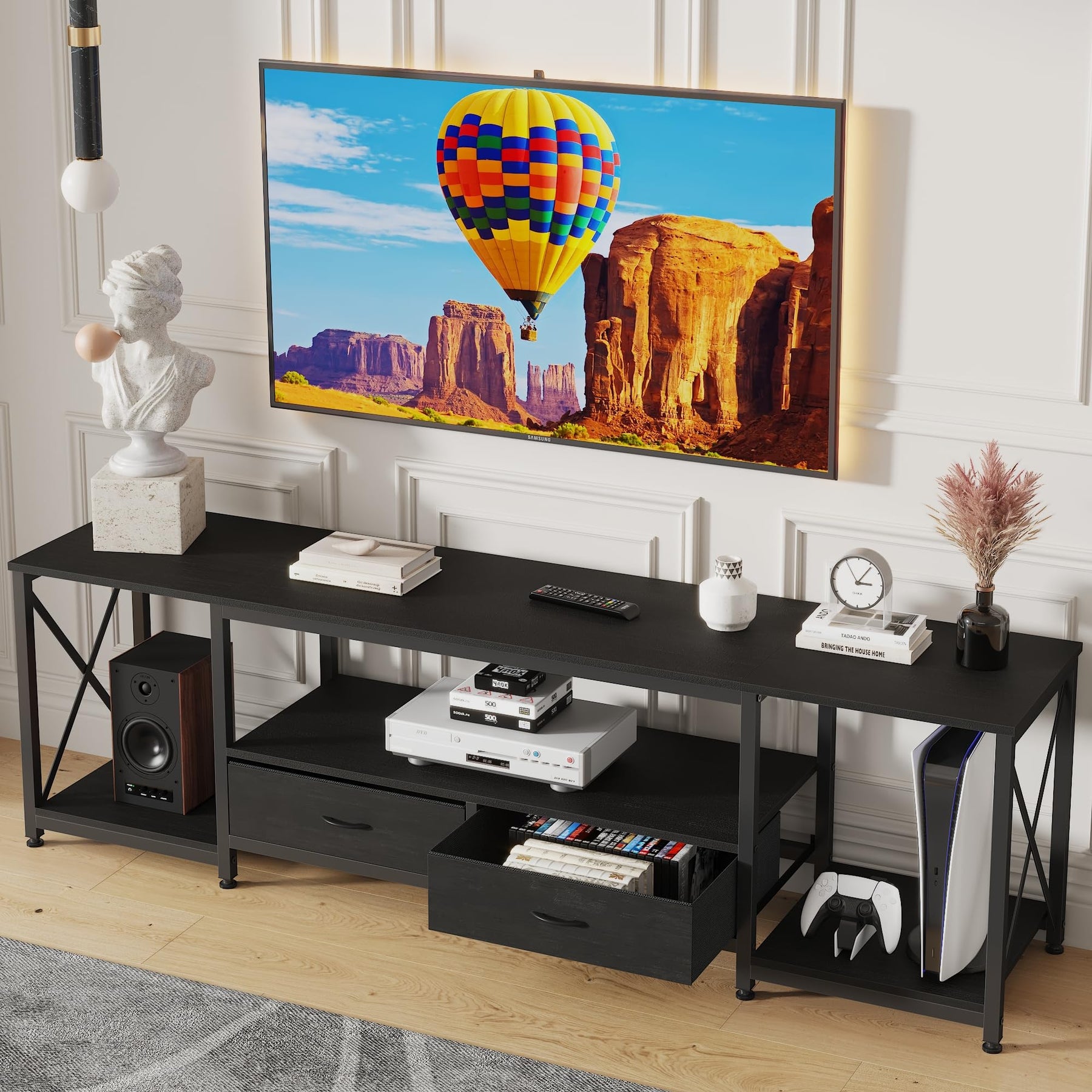 GYIIYUO TV Stand with Fabric Drawer - Entertainment Center and Industrial TV Console Table with Open Storage Shelves for Living Room, Bedroom - 55.1" Rustic Brown