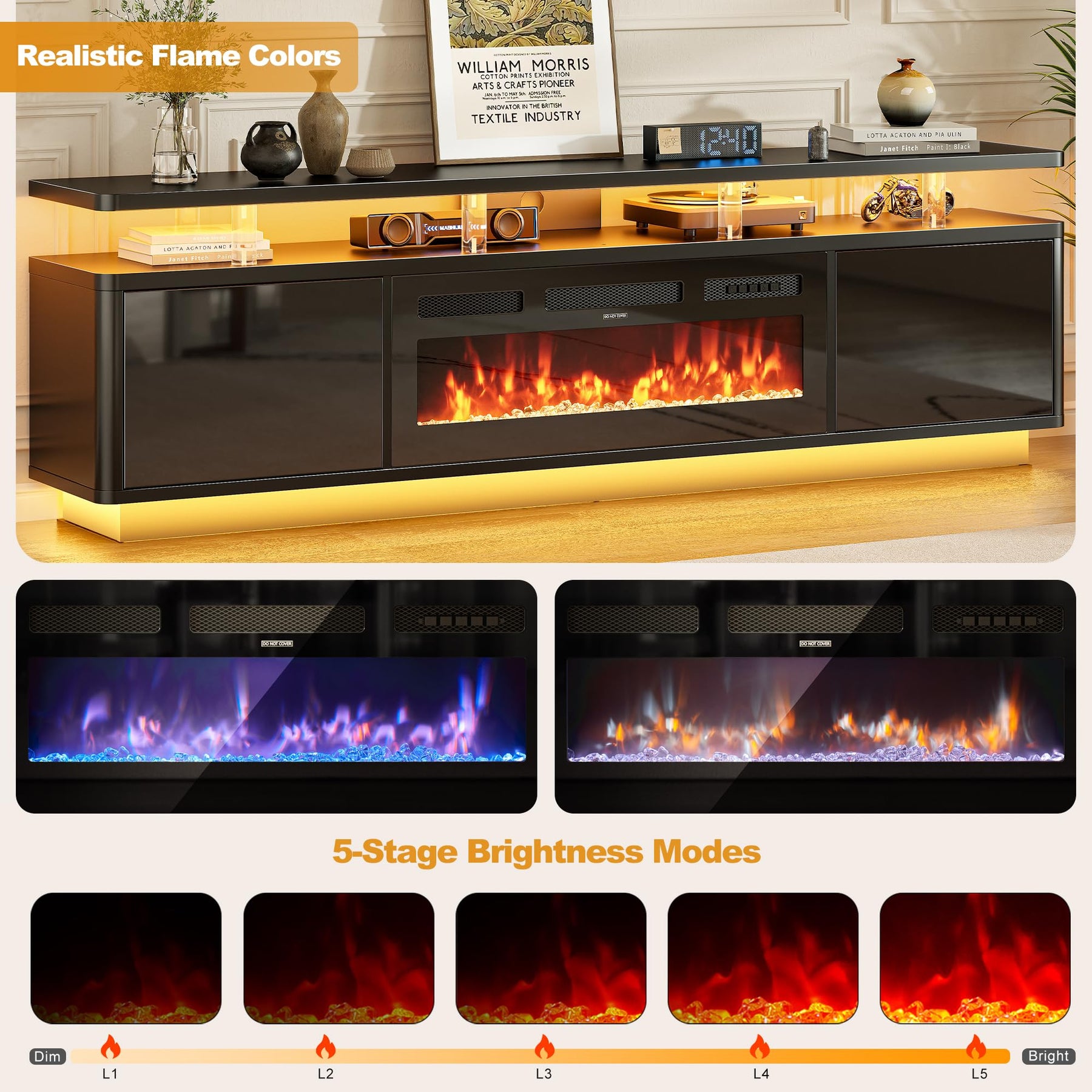 OneBlis 70" Fireplace TV Stand with Double LED Lights for TVs UP to 80", Electric Fireplace Entertainment Center with Storage Cabinets, TV Console for Living Room, Office, Black1