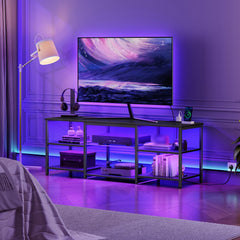 HOOBRO LED TV Stand for 75 Inch TVs with Charging Station, Gaming Entertainment Center with 3-Tier Open Storage, Long 70.1” Media TV Console Table, TV Stand for Living Room, Bedroom, Black BB22UDDS01