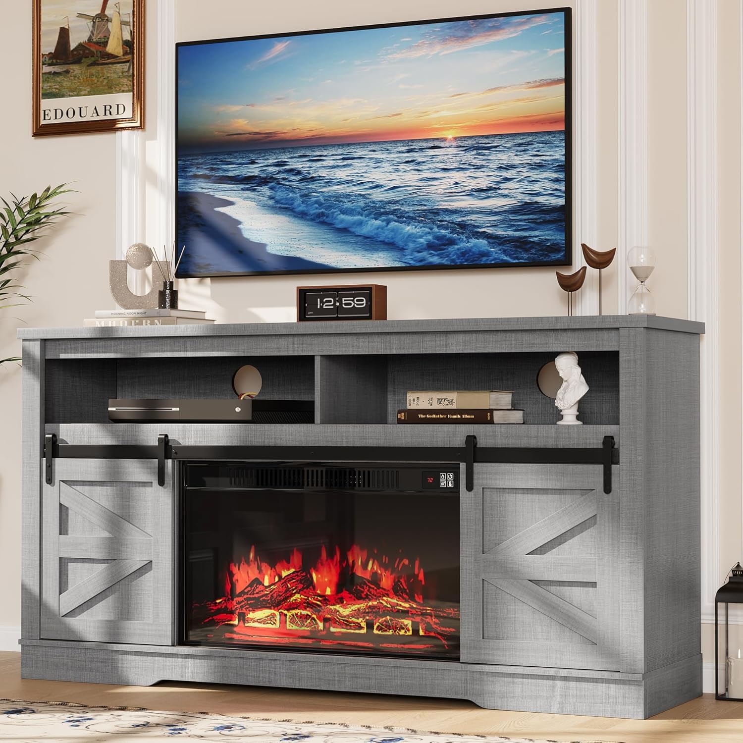 YESHOMY 58" Farmhouse TV Stand for TVs up to 65", Sliding Barn Doors, White