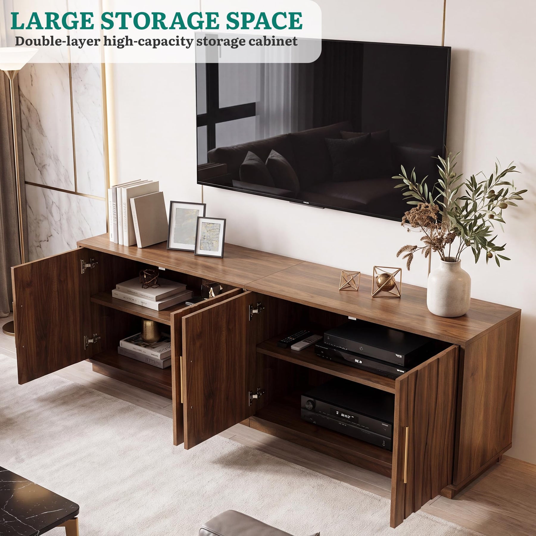 YITAHOME 70" Mid Century Modern TV Stand for 80 Inch TV, Storage, Walnut
