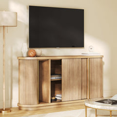 BELLEZE 67" Fluted TV Stand with Electric Fireplace Heater w/Sound, Curved Entertainment Center with Sliding Tambour Doors, Media Console Table for TV up to 75" for Living Room (Camel)