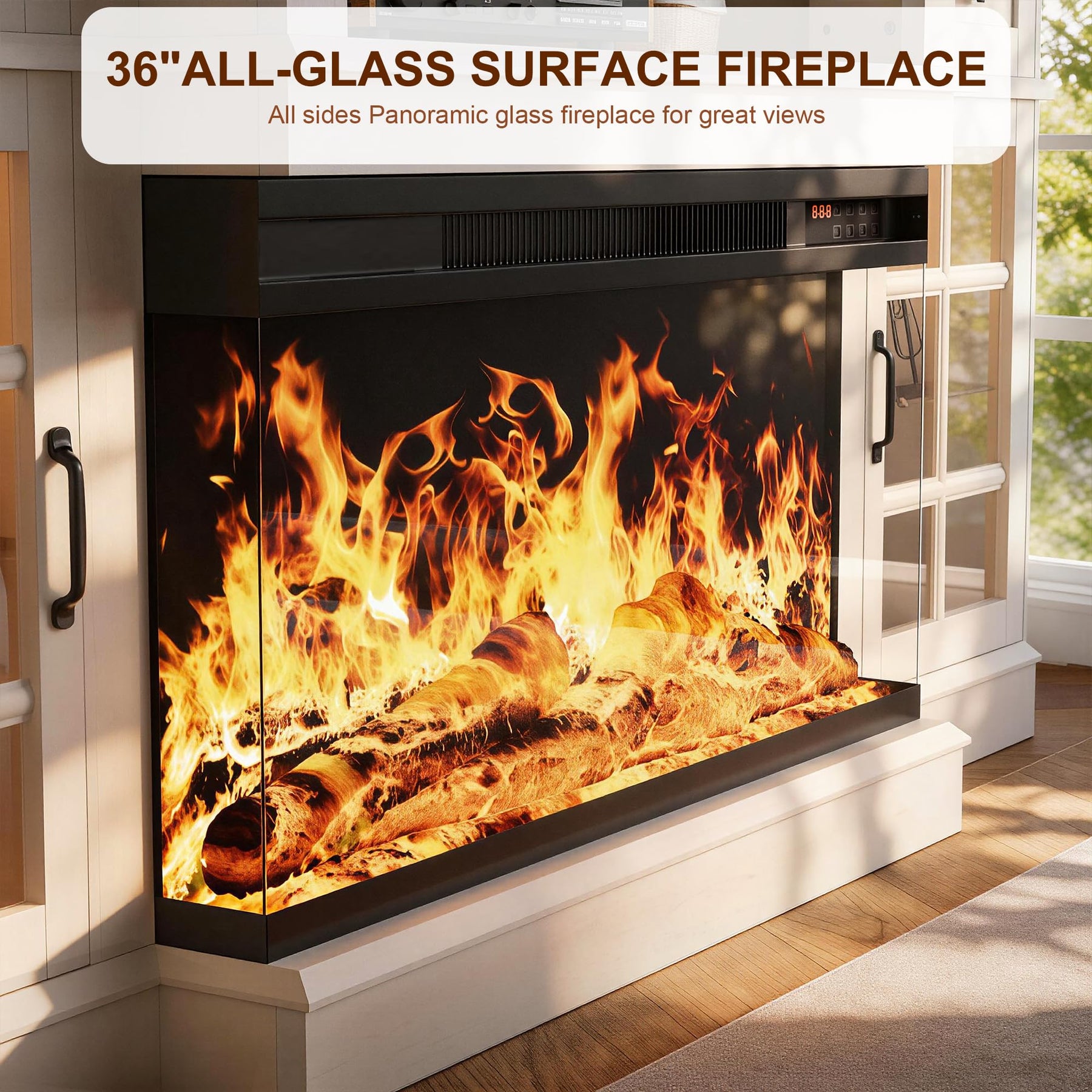 MXV 70" Fireplace TV Stand, 3-Sided Glass Fireplace and Modern Entertainment Center, Wooden Media Console with Glass Doors & Storage Drawers, LED Light, for Living Room, Antique White