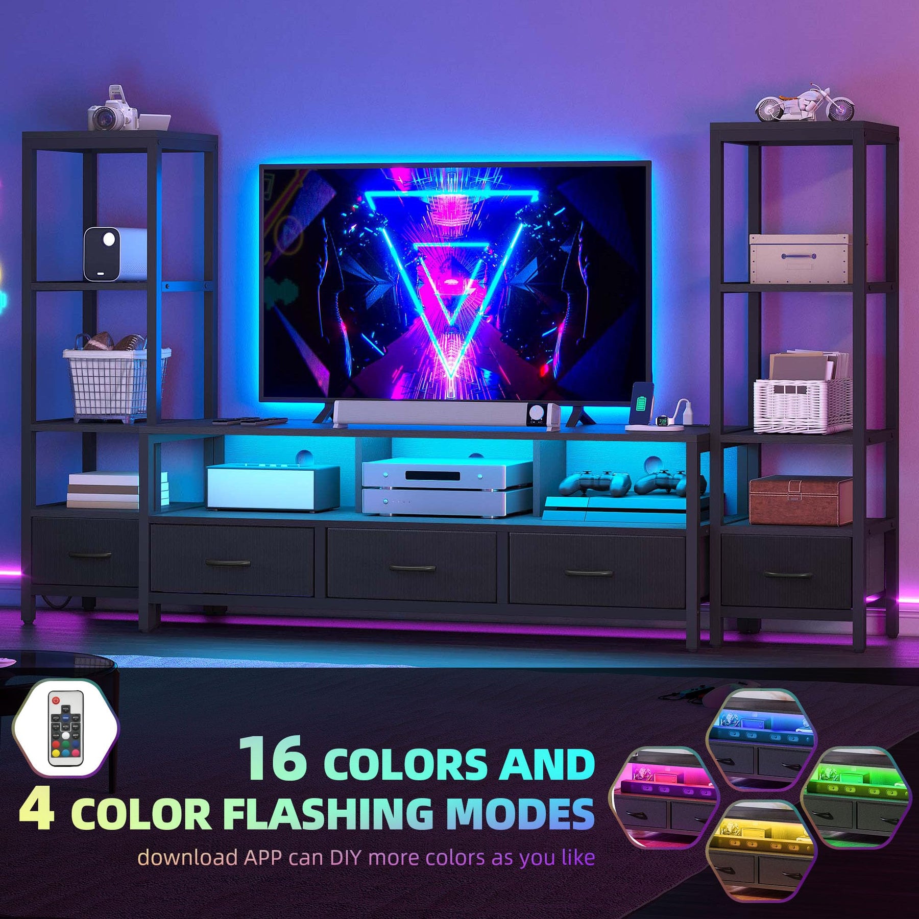 DWVO Industrial LED TV Stand for 65 Inch TVs, Entertainment Center with 2 4-Tier Bookshelves & Power Outlets, Media Console Table with 5 Drawers & Open Storage for Living Room, Grey