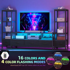 DWVO Industrial LED TV Stand for 65 Inch TVs, Entertainment Center with 2 4-Tier Bookshelves & Power Outlets, Media Console Table with 5 Drawers & Open Storage for Living Room, Grey