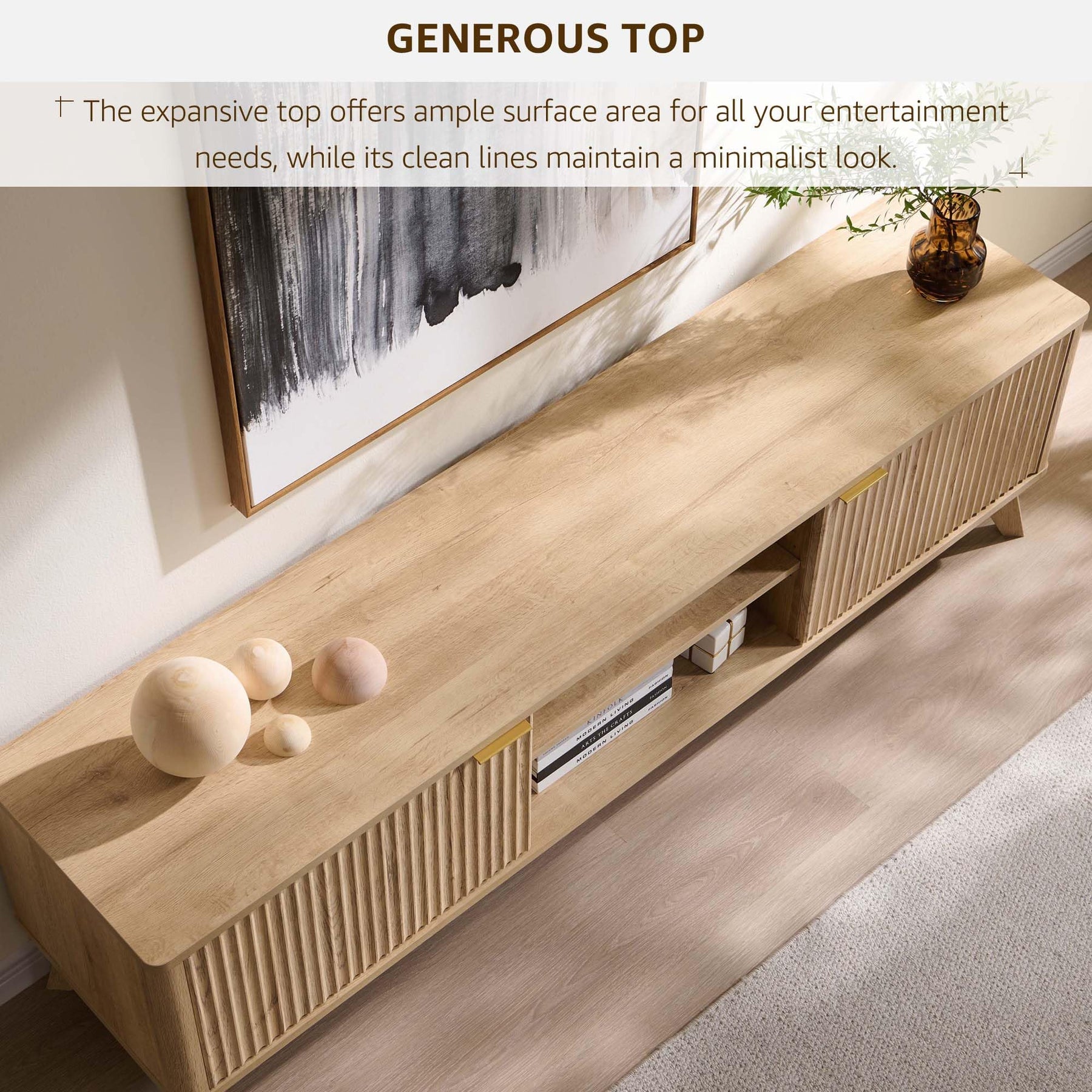 OKD 70" Mid Century Modern Fluted TV Stand w/ 2 Soft Close Door,Natural Oak