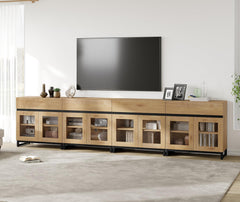 WAMPAT Modern TV Stand with Glass Doors for 80-120 inch TVs, 4 in 1 Entertainment Center Console with 4 Drawers and Metal Base for Living Room, Bedroom, Brown