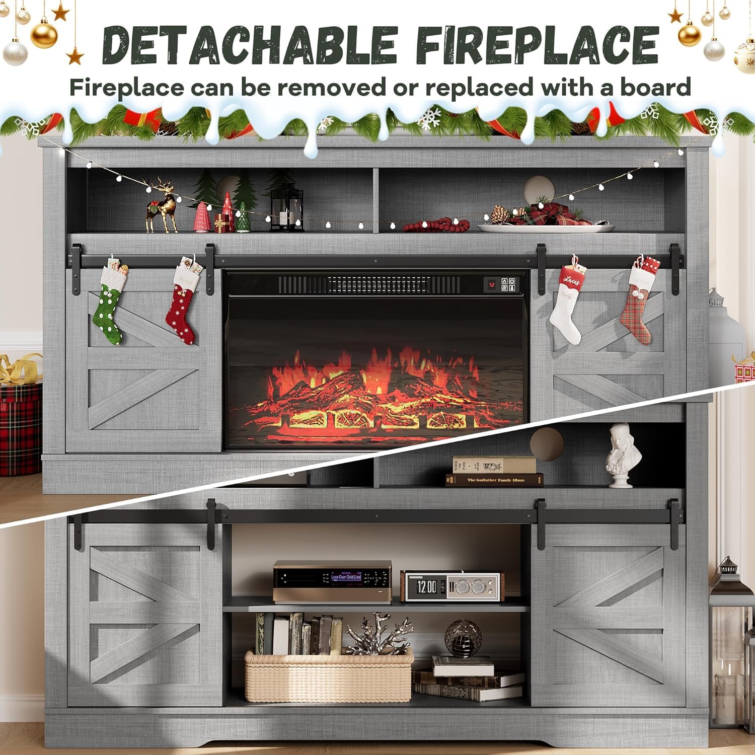 YESHOMY 58" Farmhouse TV Stand for TVs up to 65", Sliding Barn Doors, White