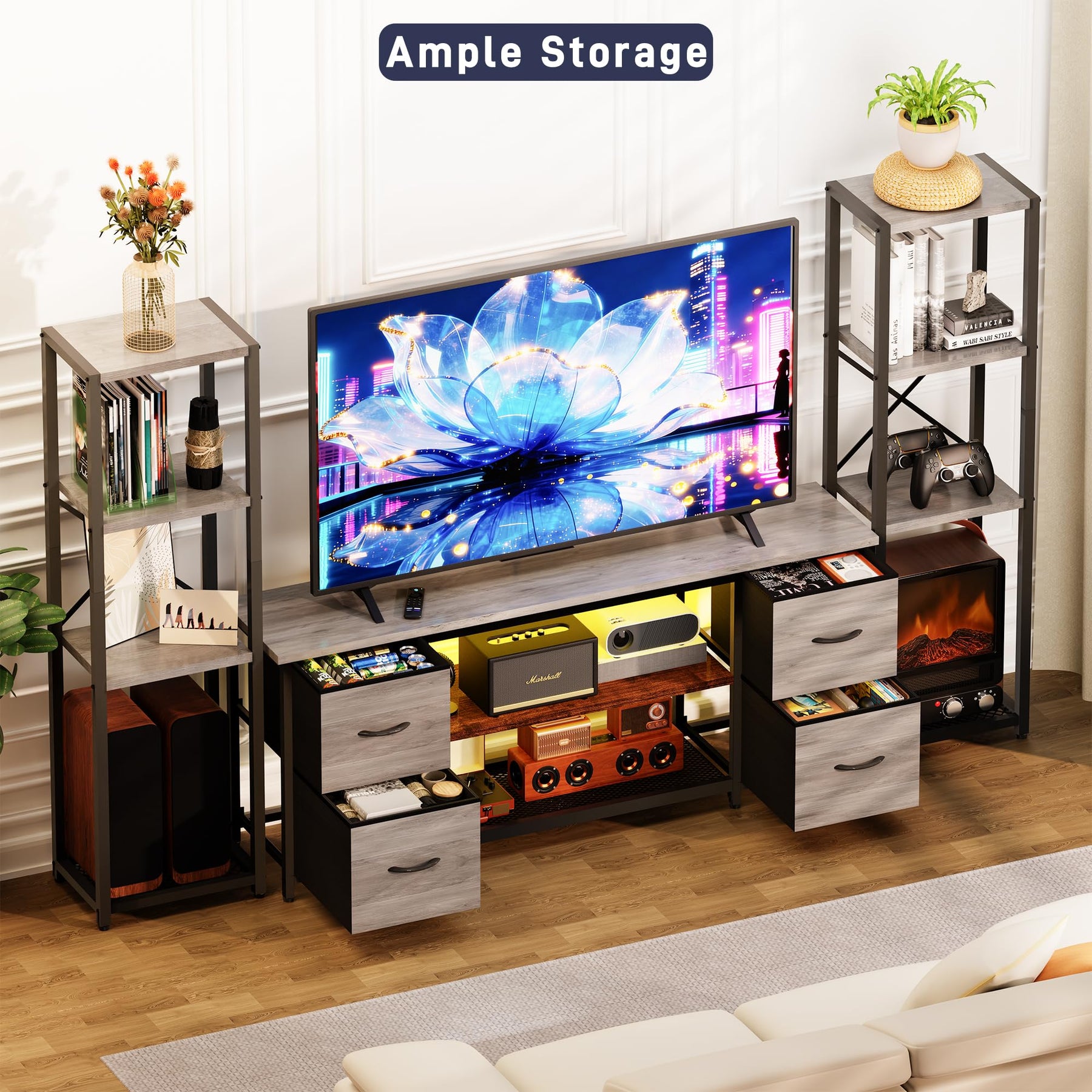LED TV Stand Entertainment Center Bookshelf Combo with Charging Station