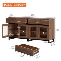 WAMPAT Modern TV Stand with Glass Doors for 80-120 inch TVs, 4 in 1 Entertainment Center Console with 4 Drawers and Metal Base for Living Room, Bedroom, Brown