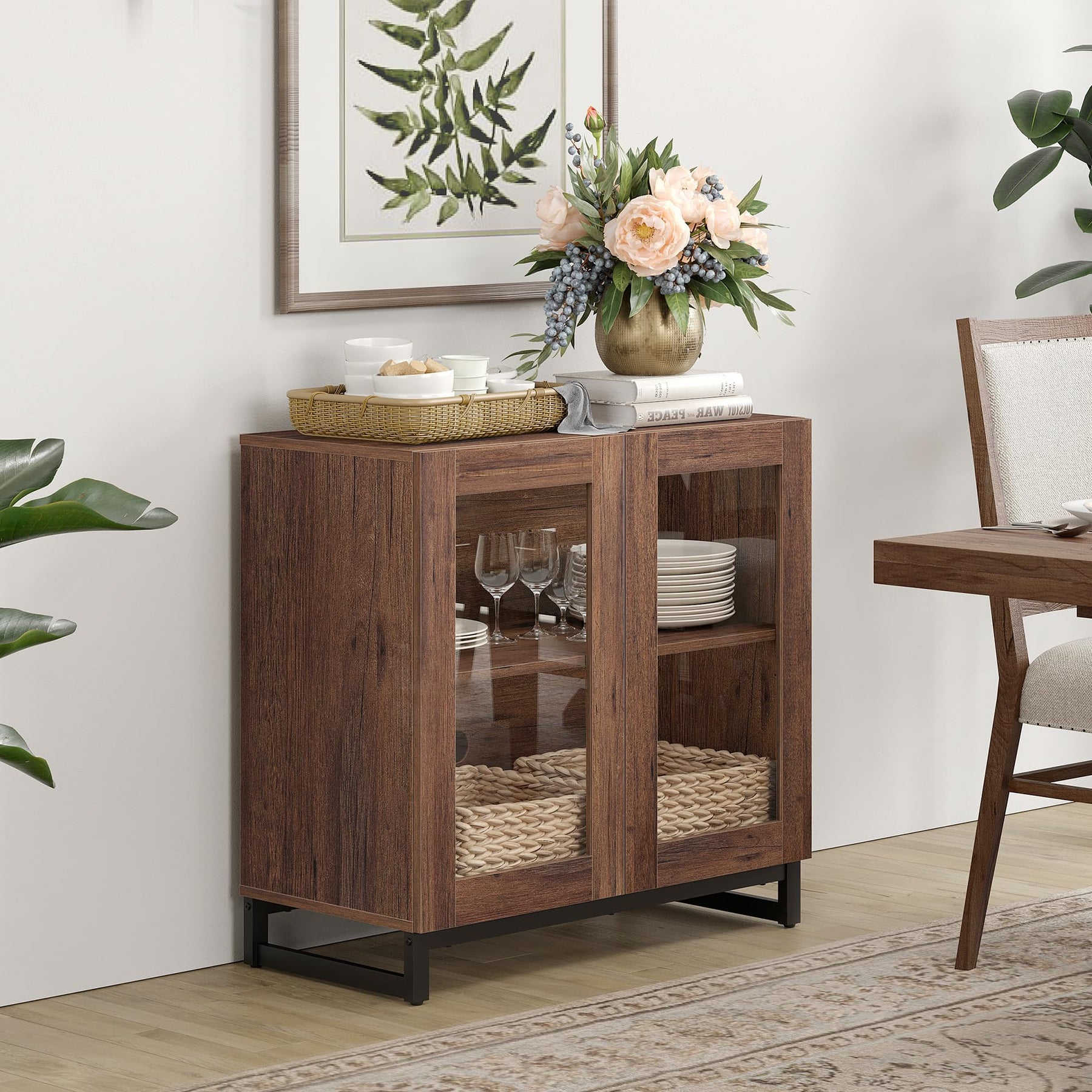 WAMPAT Modern TV Stand with Glass Doors for 80-120 inch TVs, 4 in 1 Entertainment Center Console with 4 Drawers and Metal Base for Living Room, Bedroom, Brown