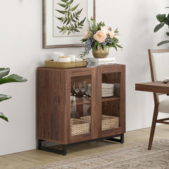 WAMPAT Modern TV Stand with Glass Doors for 80-120 inch TVs, 4 in 1 Entertainment Center Console with 4 Drawers and Metal Base for Living Room, Bedroom, Brown