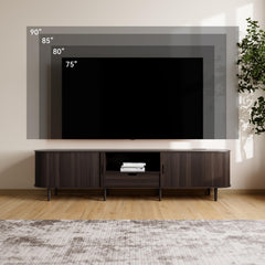DHH 86.6" Fluted TV Stand with Power Outlet for TVs up to 90", TV Console with Adjustable Shelves and Sliding Door,Mid Century Modern Entertainment Center for Living Room,Bedroom (Walnut)
