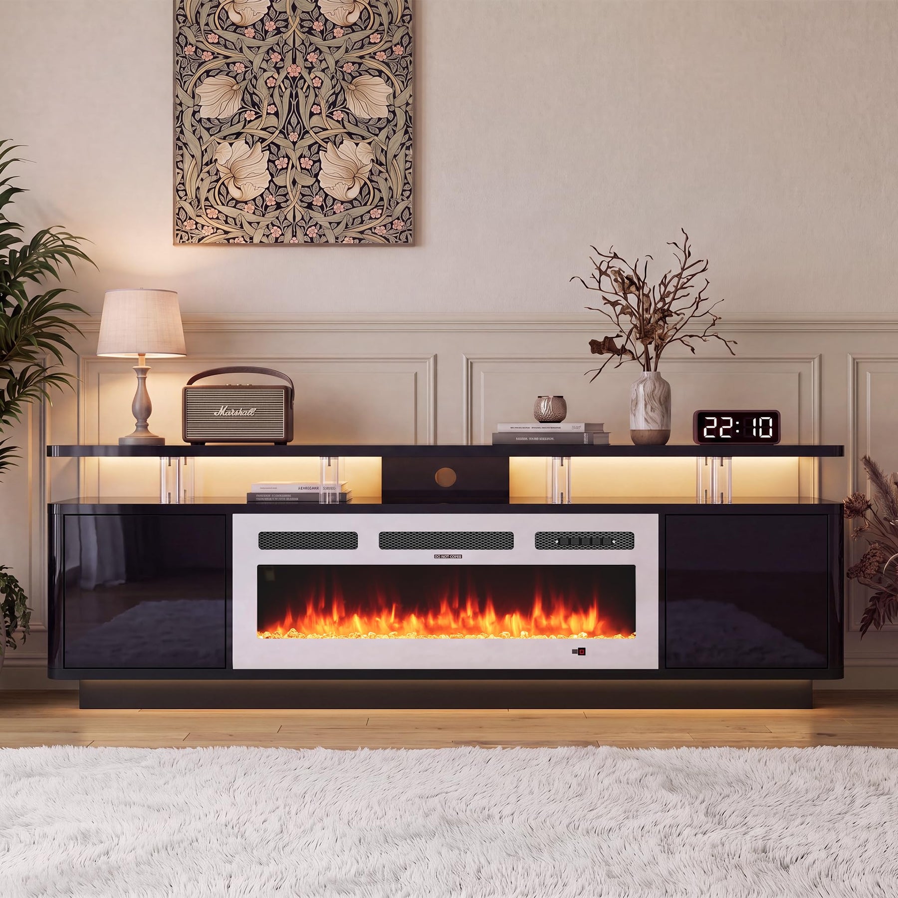 OneBlis 70" Fireplace TV Stand with Double LED Lights for TVs UP to 80", Electric Fireplace Entertainment Center with Storage Cabinets, TV Console for Living Room, Office, Black1