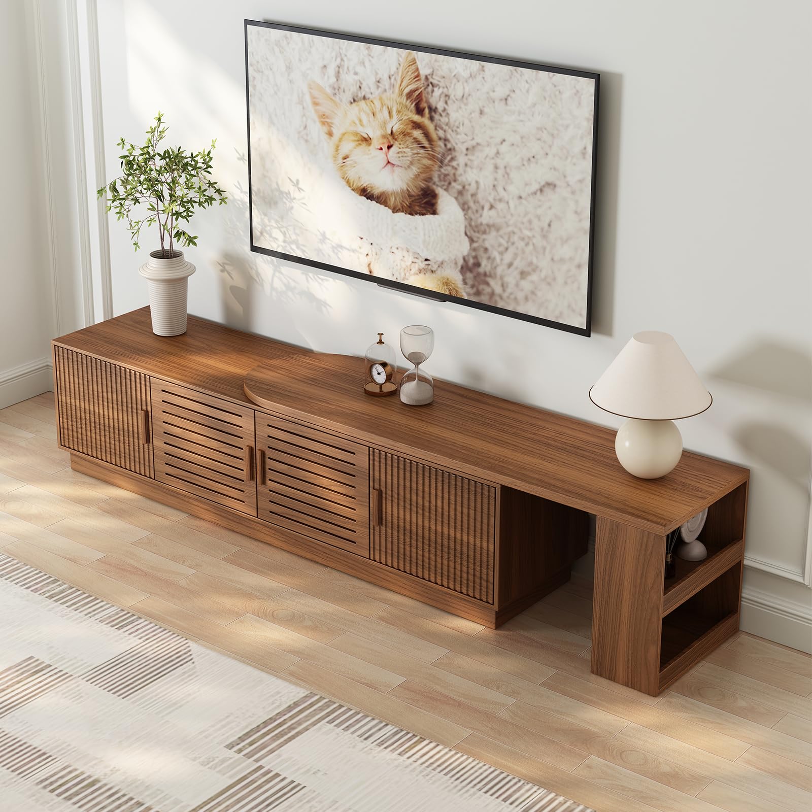 JGOEI 75"-85" or 90" Mid Century Modern TV Stands, Extendable TV Stand with 4 Storage Cabinets, TV Console with Storage, Adjustable TV Stand for Up to 98 Inch TVs, Modern Entertainment Center, Black