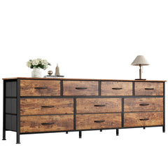 Huuger 63 Inch Dresser for Bedroom, Long Dresser with 10 Fabric Drawers, TV Stand for 55, 65, 70 Inch TV, Toy Storage Organizer for Closet, Rustic Brown