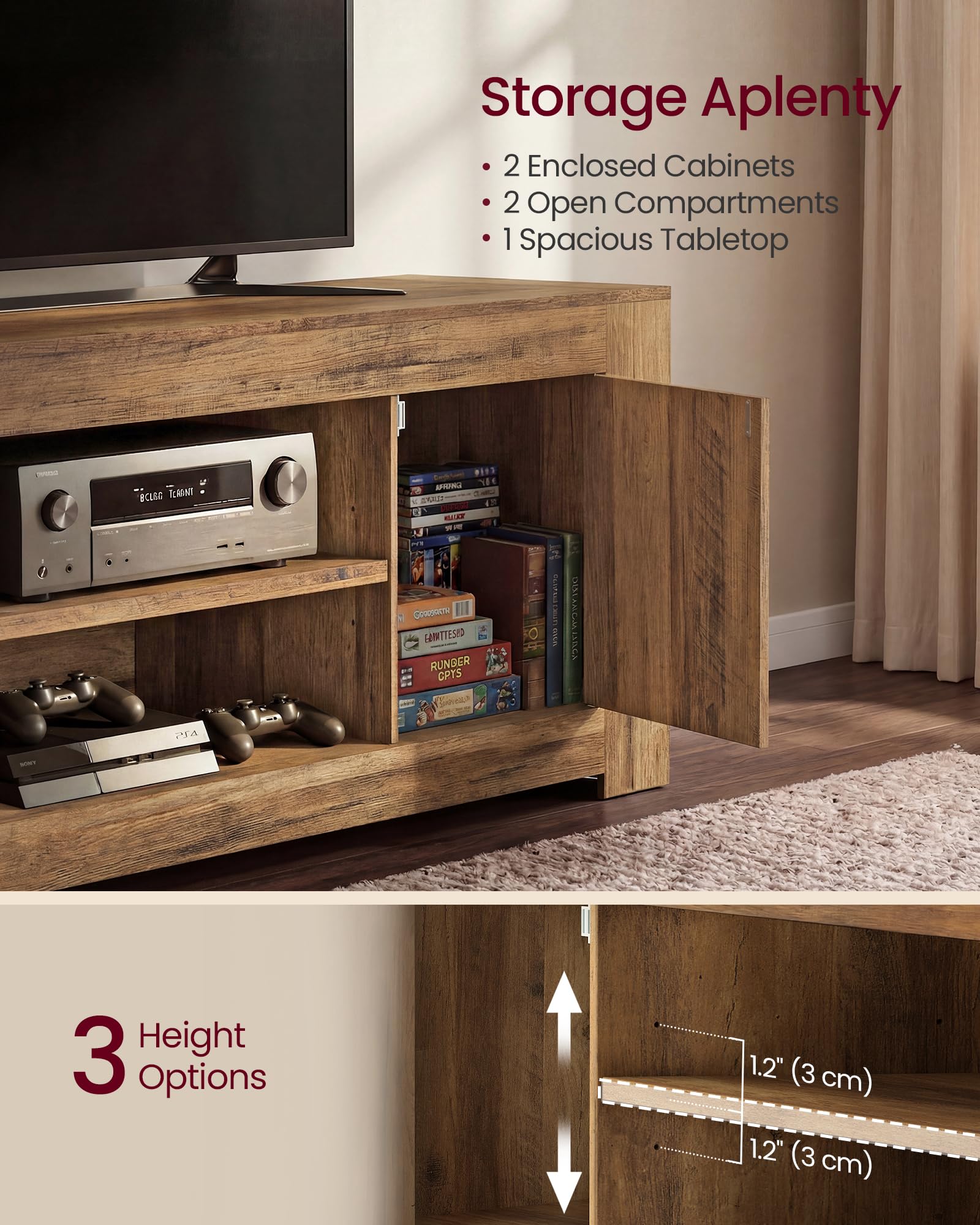 VASAGLE TV Stand, Farmhouse Entertainment Center with Storage Cabinets