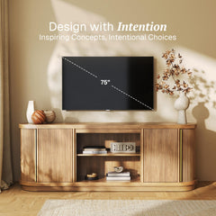 BELLEZE 67" Fluted TV Stand with Electric Fireplace Heater w/Sound, Curved Entertainment Center with Sliding Tambour Doors, Media Console Table for TV up to 75" for Living Room (Camel)