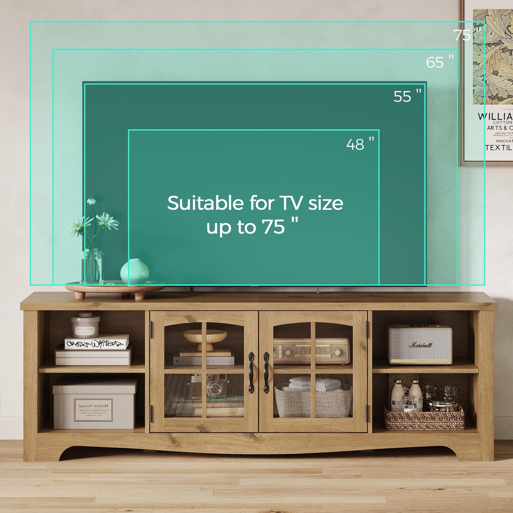 LINSY HOME Farmhouse TV Stand for 65 Inch TV, Wood Entertainment Center with Glass Door Storage Cabinet & Adjustable Shelves, Large Sturdy TV Console Table for Living Room Bedroom