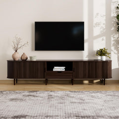 DHH 86.6" Fluted TV Stand with Power Outlet for TVs up to 90", TV Console with Adjustable Shelves and Sliding Door,Mid Century Modern Entertainment Center for Living Room,Bedroom (Walnut)
