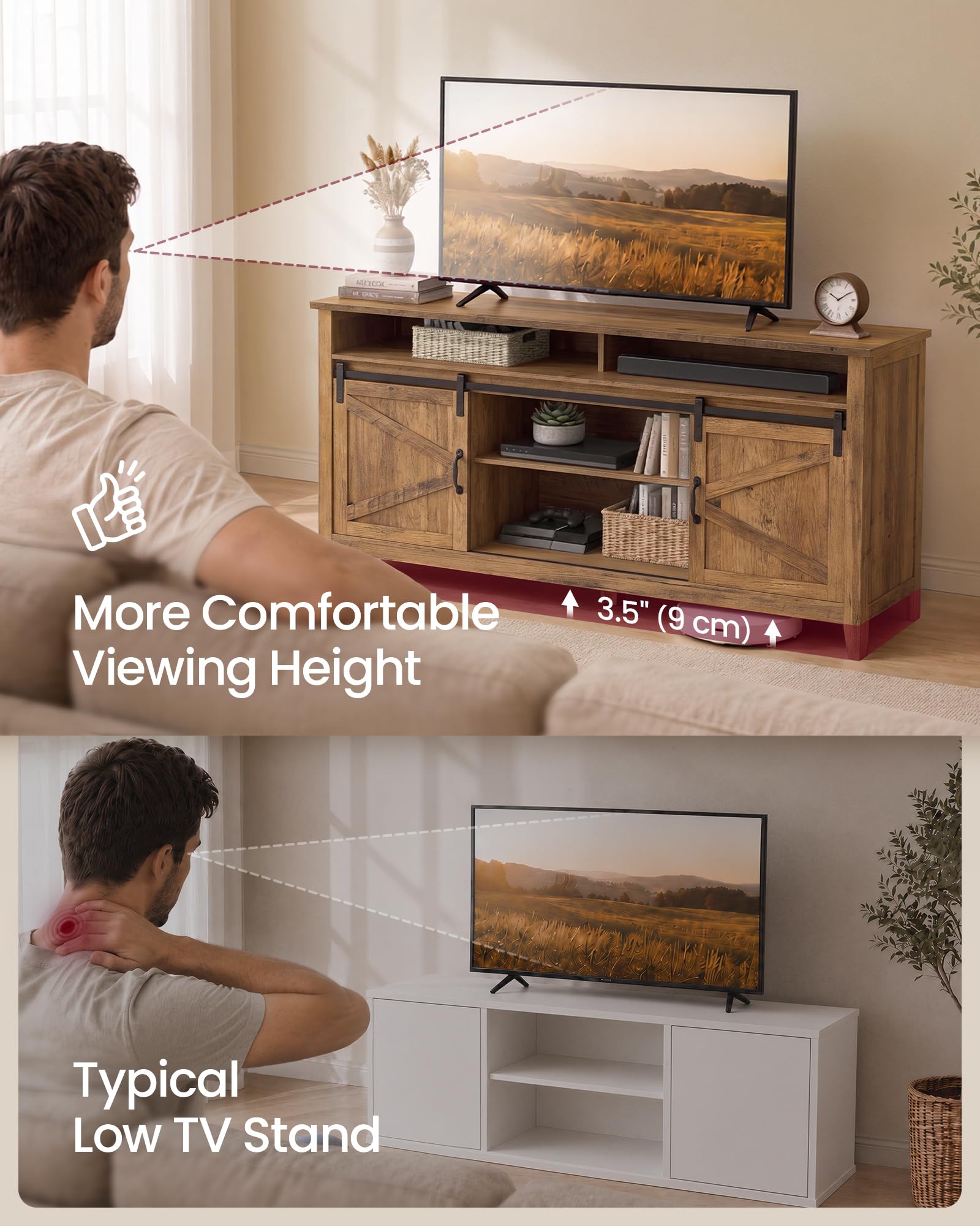 VASAGLE Tall Farmhouse TV Stand, Entertainment Center with Barn Doors, Storage Media Console Table for Living Room, 58.3 x 15.7 x 31.9 Inch, Rustic White and Honey Brown, LIRY Collection ULTV031W101S