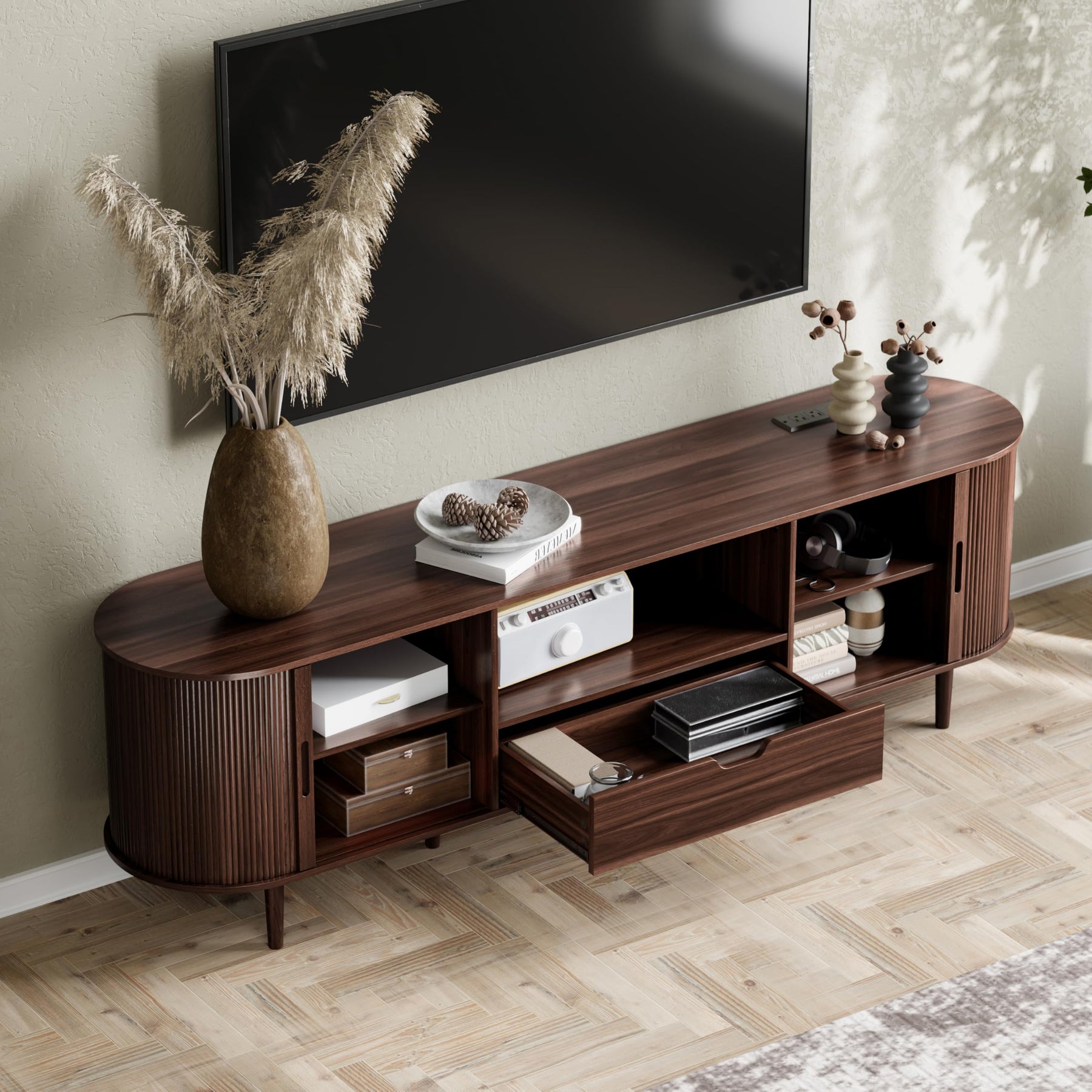 DHH 86.6" Fluted TV Stand with Power Outlet for TVs up to 90", TV Console with Adjustable Shelves and Sliding Door,Mid Century Modern Entertainment Center for Living Room,Bedroom (Walnut)