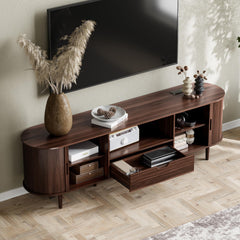 DHH 86.6" Fluted TV Stand with Power Outlet for TVs up to 90", TV Console with Adjustable Shelves and Sliding Door,Mid Century Modern Entertainment Center for Living Room,Bedroom (Walnut)