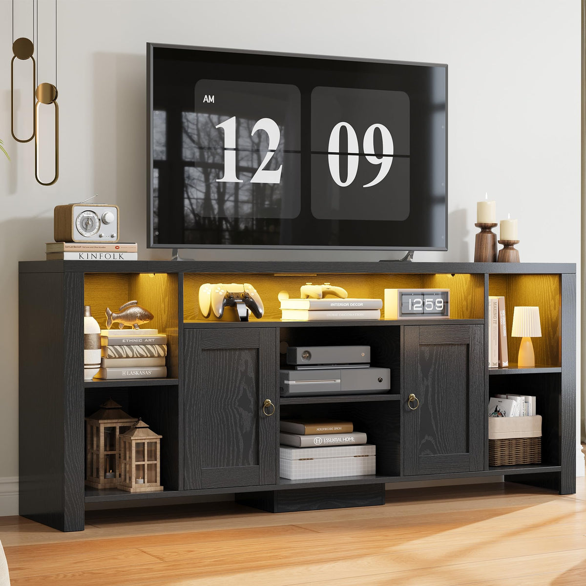 LIKIMIO 70" TV Stand for TVs up to 80", LED Entertainment Center, Black
